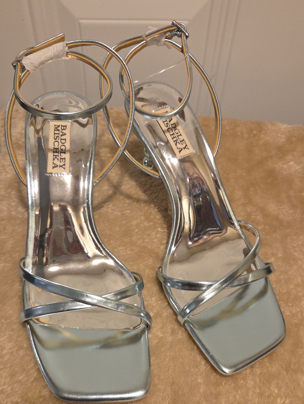 Badgley Mischka Callie Light Blue Metallic Strappy Ankle‑Wrap Sandals
